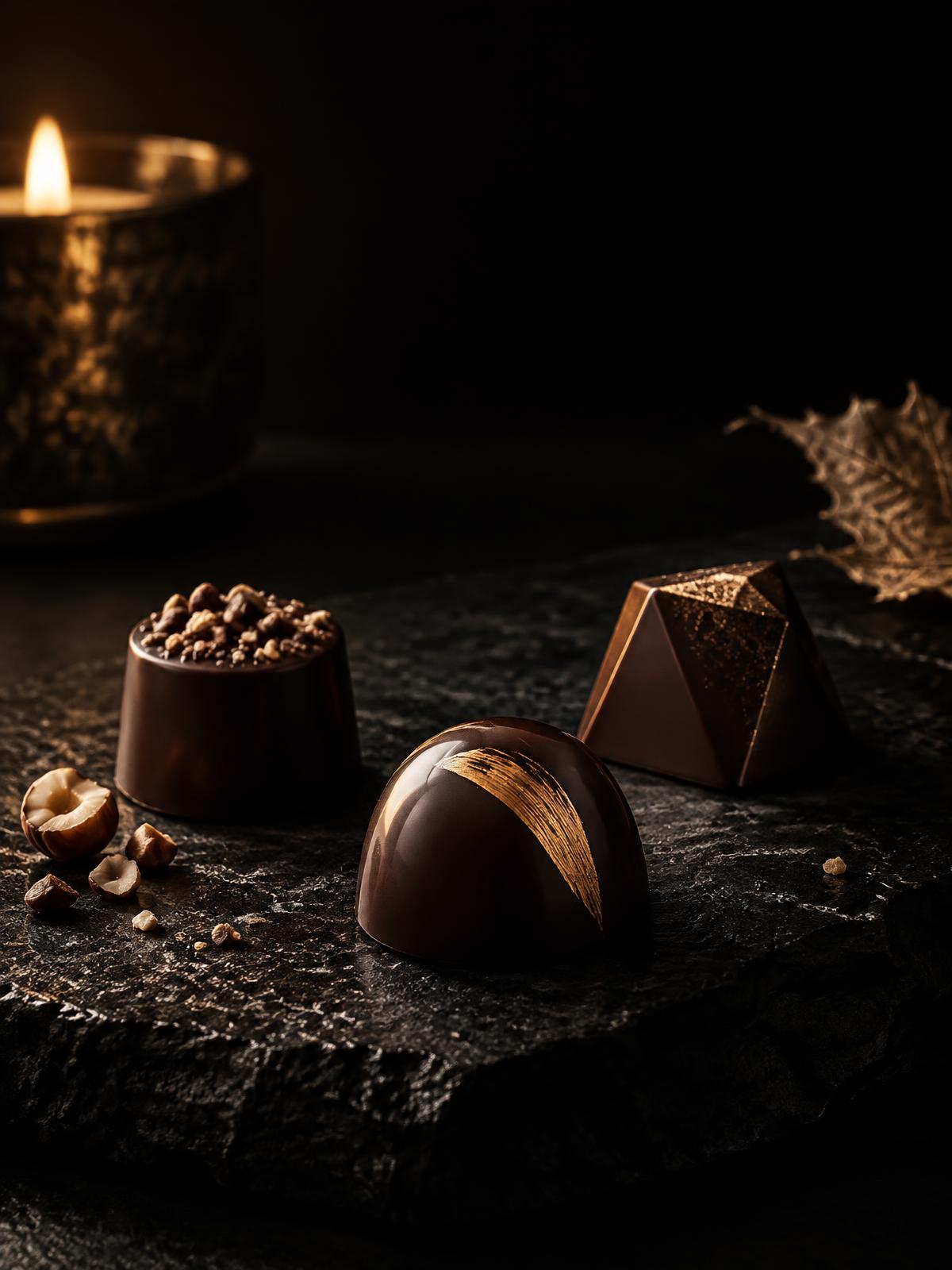 Bombons da Coleção Noël em chiaroscuro, iluminados por uma vela