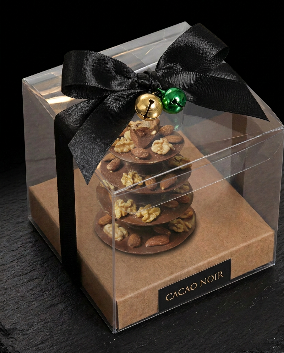 Pinheiro de chocolate com nozes e amêndoas numa caixa transparente CACAO NOIR, base de cartão castanho, laço preto largo e guizos verde e dourado sobre lousa preta