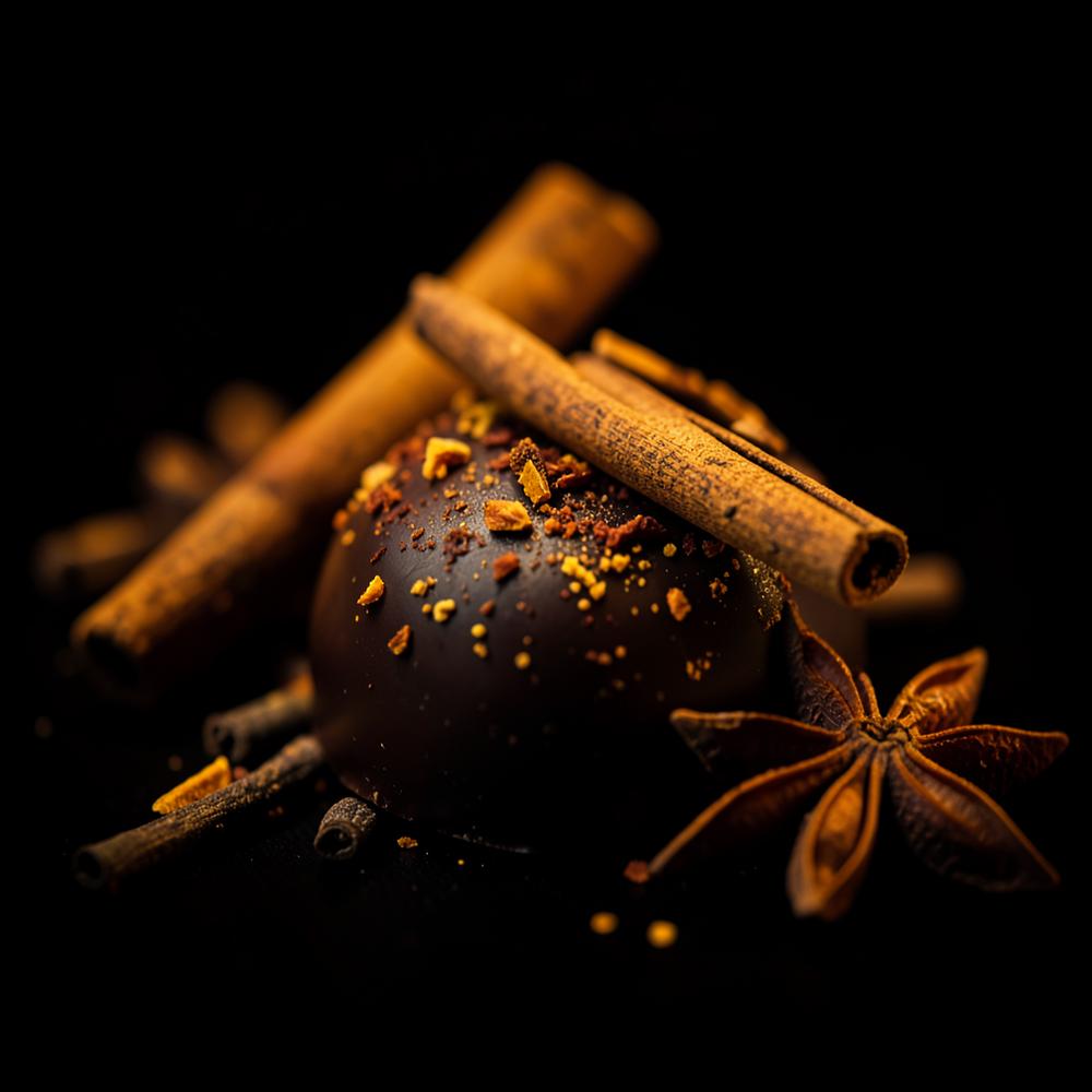 Bombom Épices de Noël: mel, canela, gengibre e cravinho em chocolate negro, da Coleção Noël da CACAO NOIR