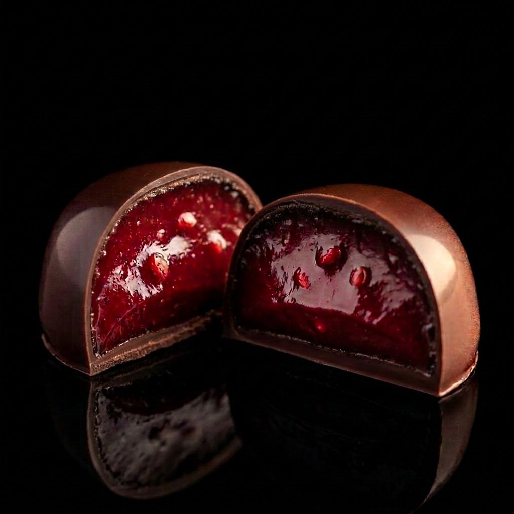 Bombom Frutos Vermelhos & Porto: ganache de frutos vermelhos com vinho do Porto, da Coleção Noël da CACAO NOIR