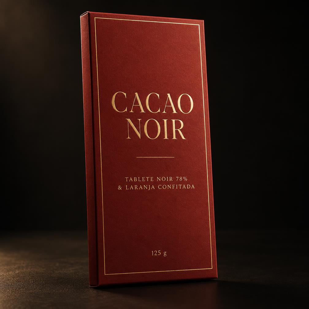 Caixa vermelha da Tablete Noir 78% com laranja confitada, com o logótipo CACAO NOIR e a descrição a dourado
