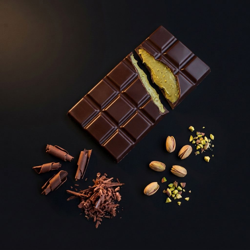 Tablete de chocolate negro 78% aberta a revelar recheio verde de pistácio, da Coleção Noël da CACAO NOIR