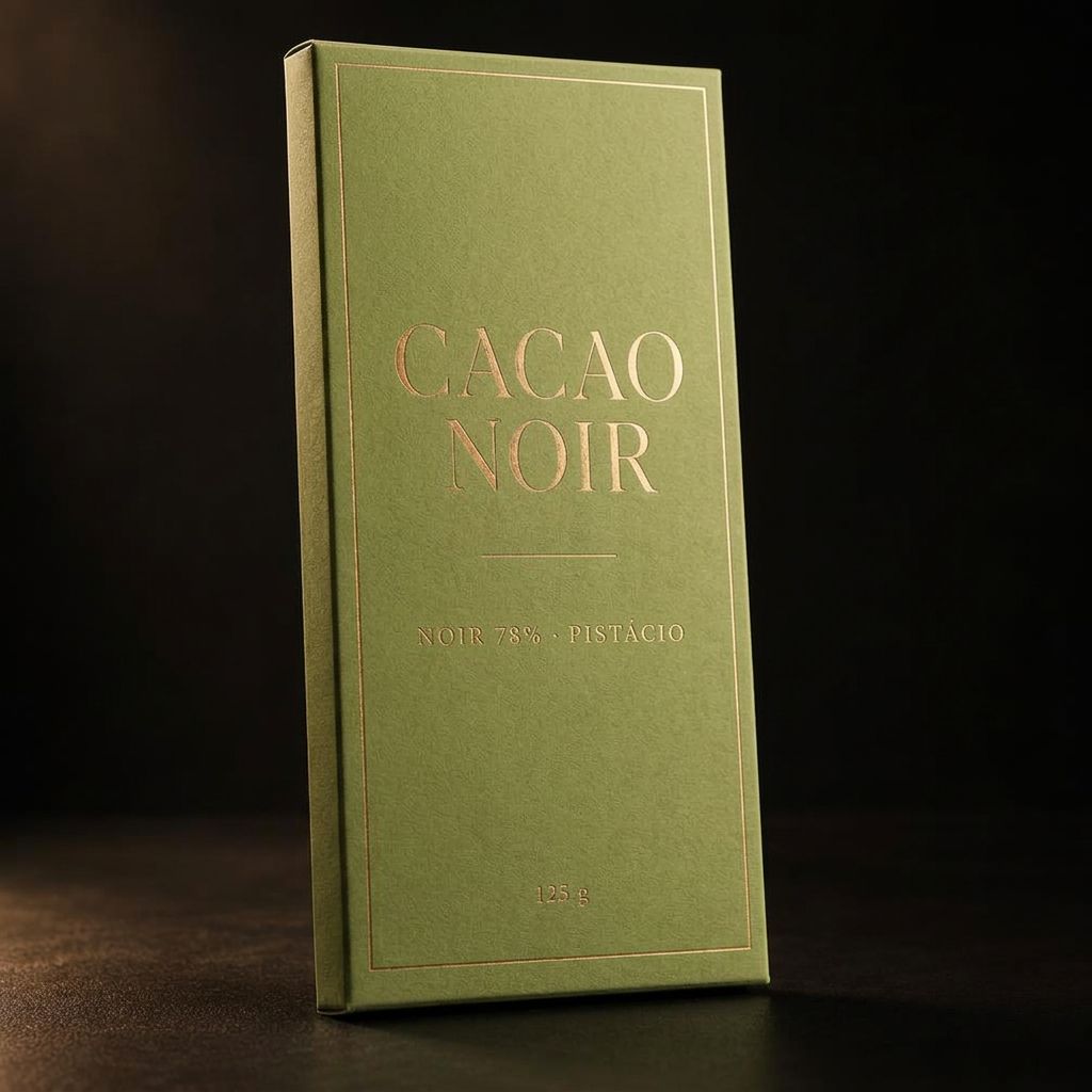 Caixa verde-pistácio mate da Tablete Noir 78% com pistácio, com o logótipo CACAO NOIR e a descrição a dourado