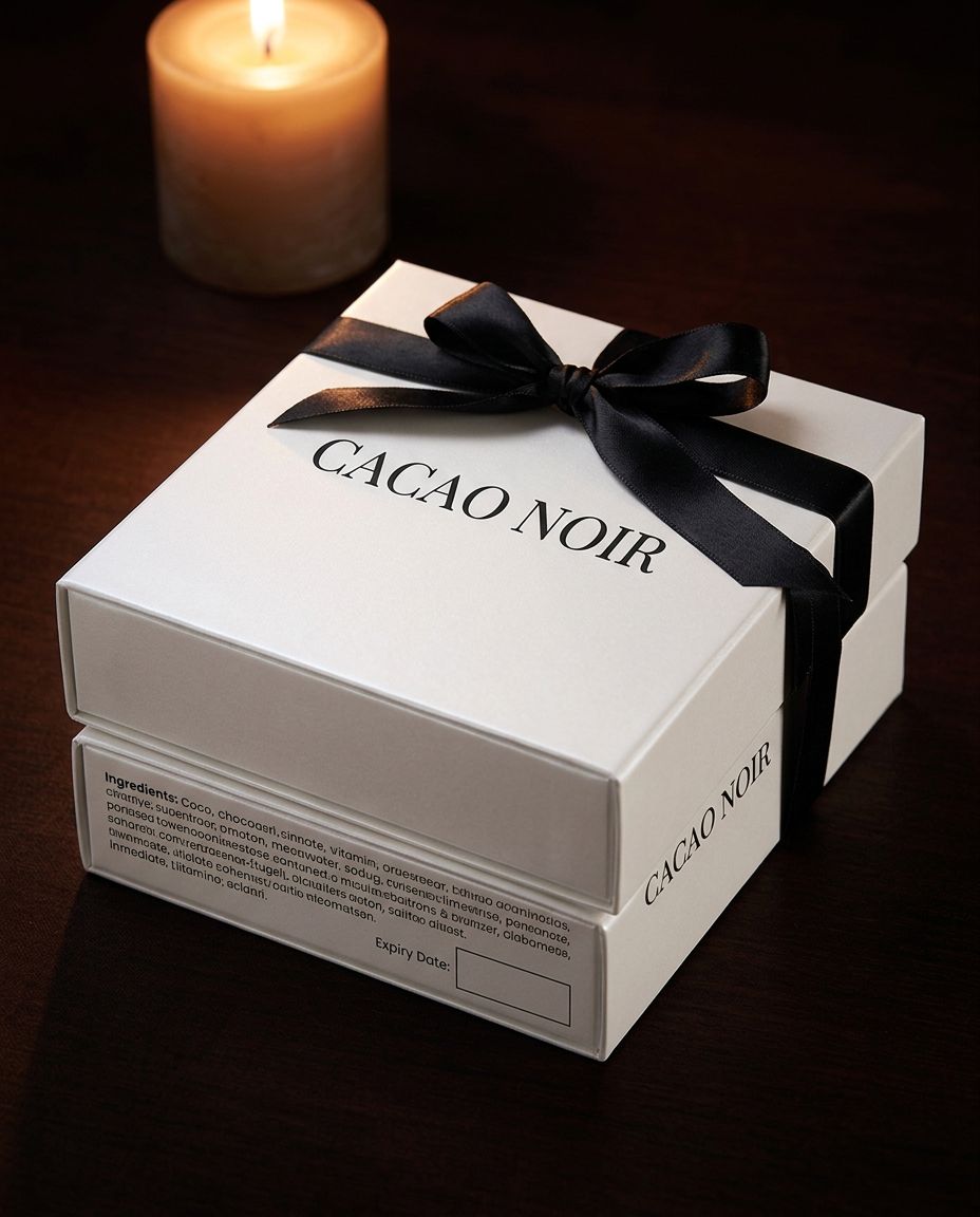 Caixa de gaveta CACAO NOIR em cartão branco metalizado com logótipo a preto, fechada sobre fundo creme