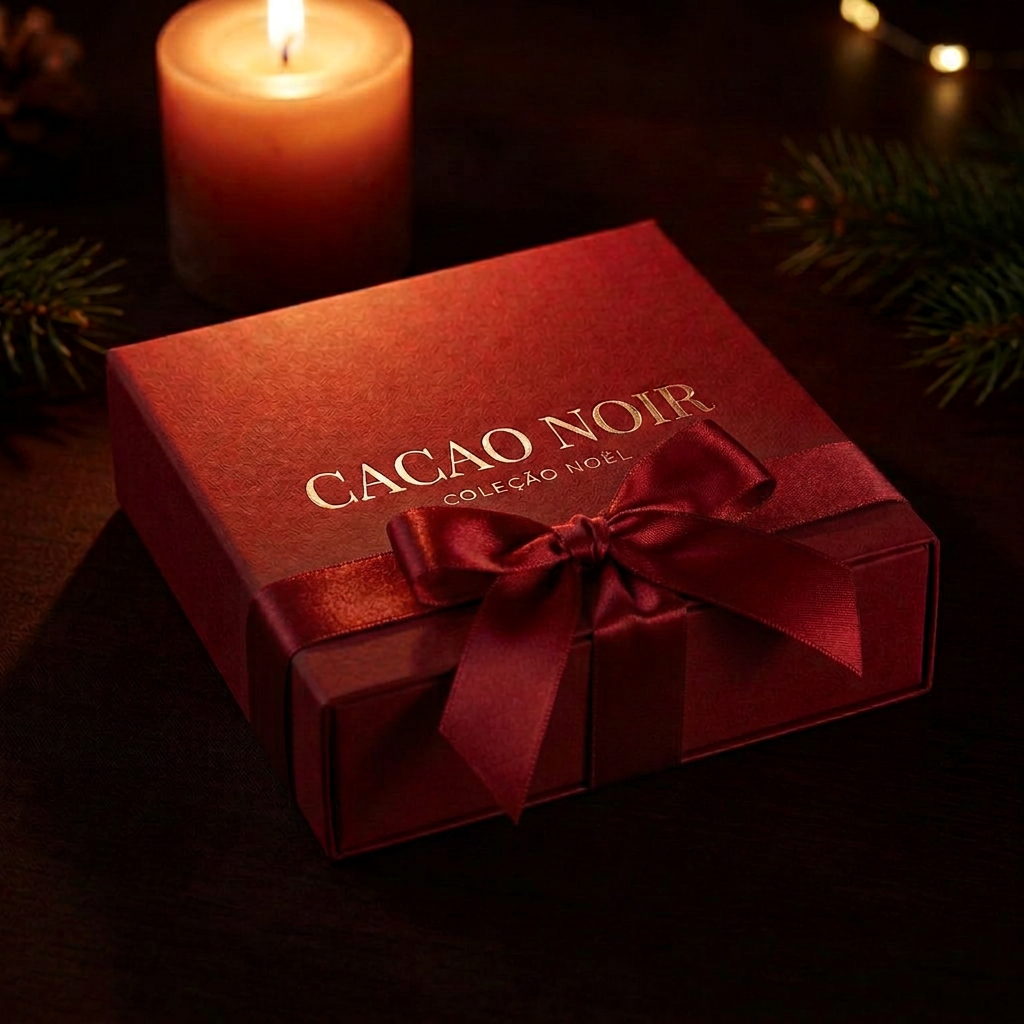Caixa de presente vermelha Cacao Noir Coleção Natal fechada com laço totalmente vermelho, sem fio dourado
