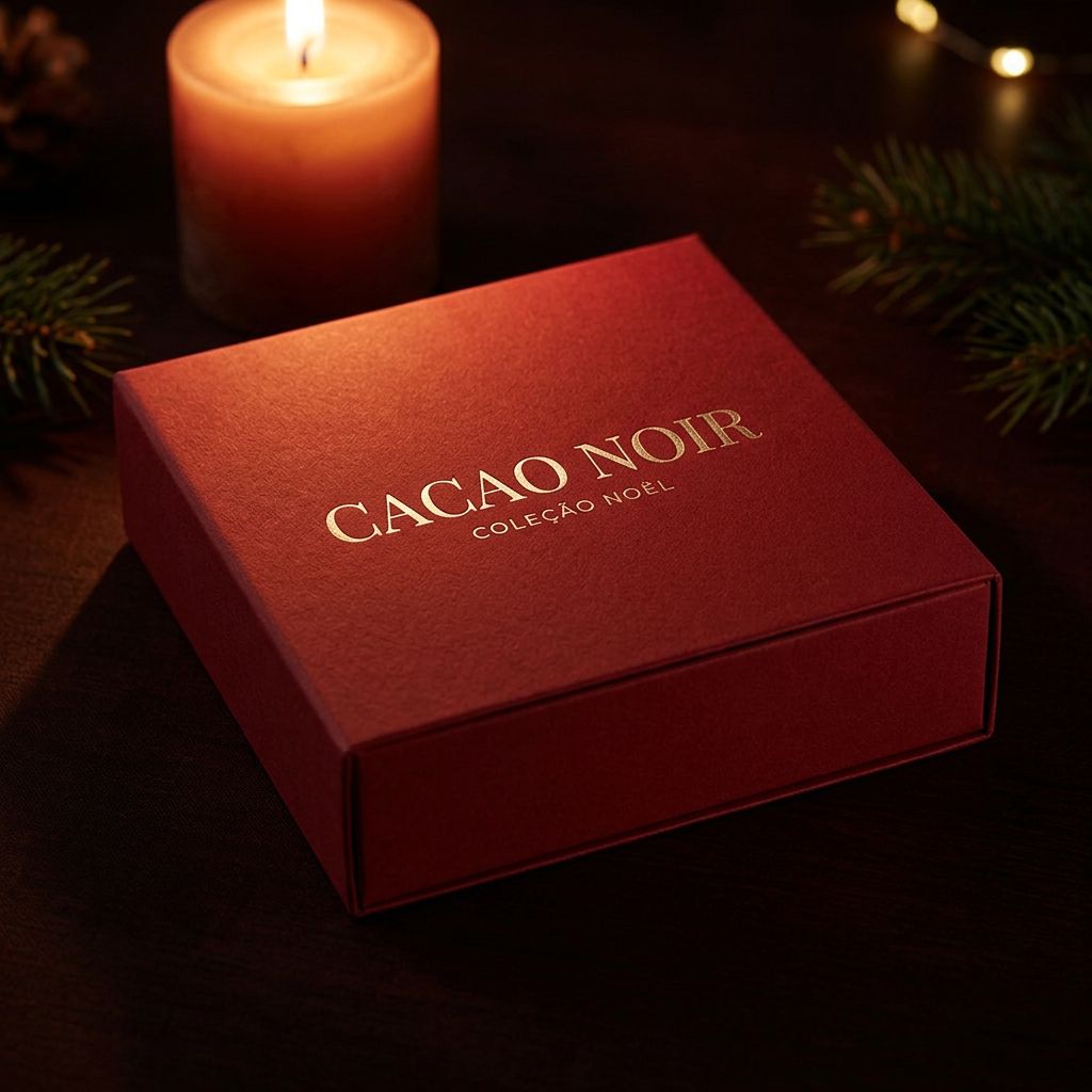 Caixa de gaveta da Coleção Noël em vermelho lacado profundo com logótipo CACAO NOIR a foil dourado champagne, fechada sob luz de velas quente