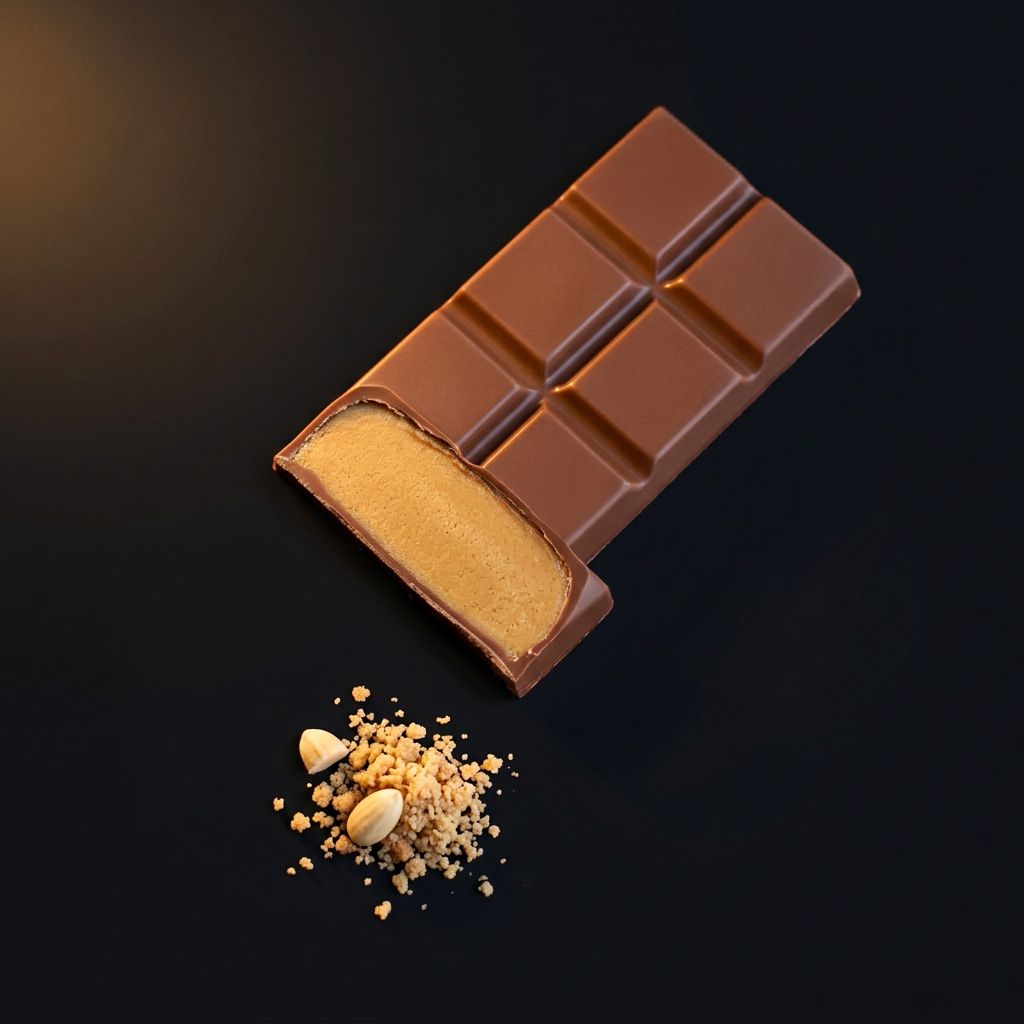 Tablete de chocolate de leite aberta a revelar recheio de amlou
