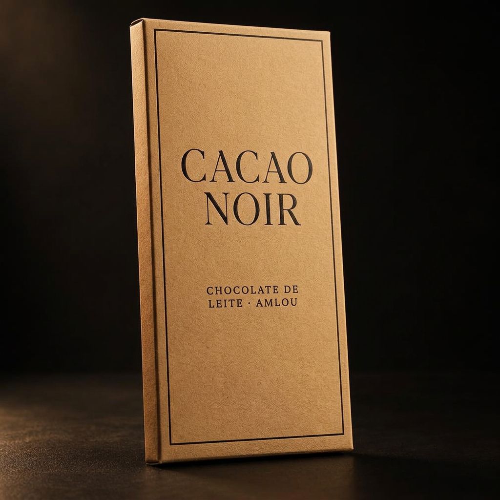 Caixa Sahara em tons areia da tablete de chocolate de leite com amlou, com impressão preta mate